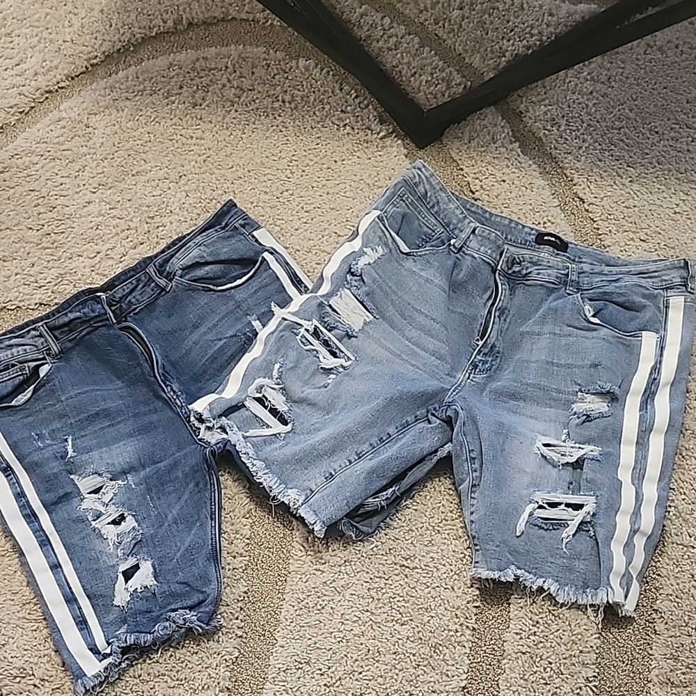 Fashion Nova Blue Distressed Jean Shorts with White Stripes